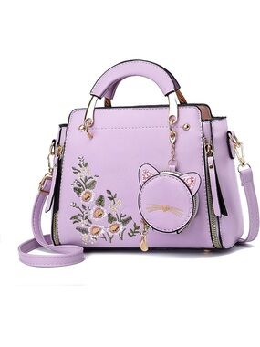 Lavender Floral Embroidered Satchel Handbag with Cat Coin Purse